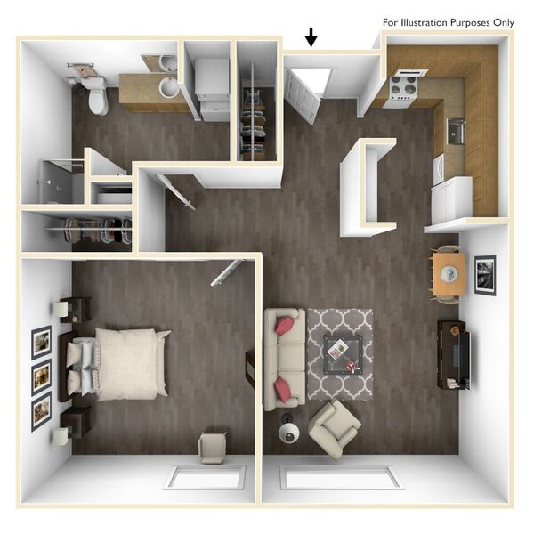 Floor plan for 1 bed, 1 bath, 600 sqft
